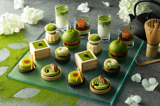 A variety of pastries and drinks shown with matcha combined flavour pairings