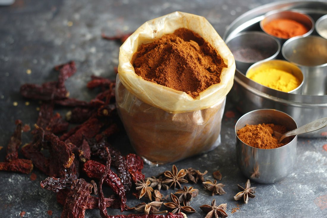Rooibos microground tea mix powder, turmeric, curcumin, cayenne, with other spices and powders