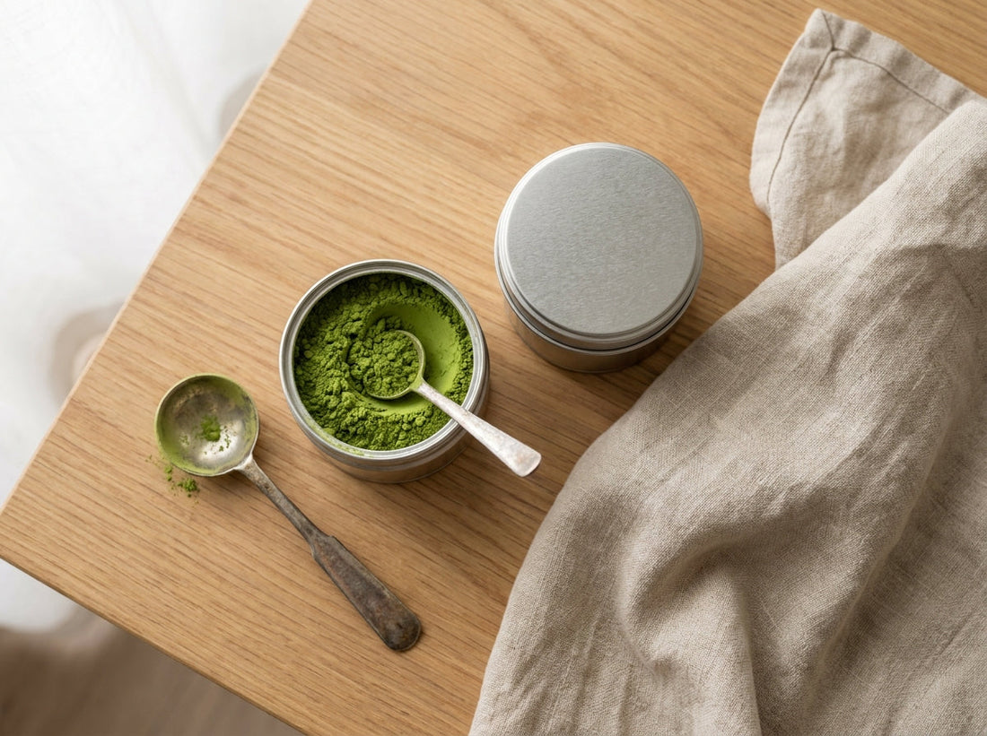 Two tea tins with matcha powder and measuring spoon on a wooden surface overhead