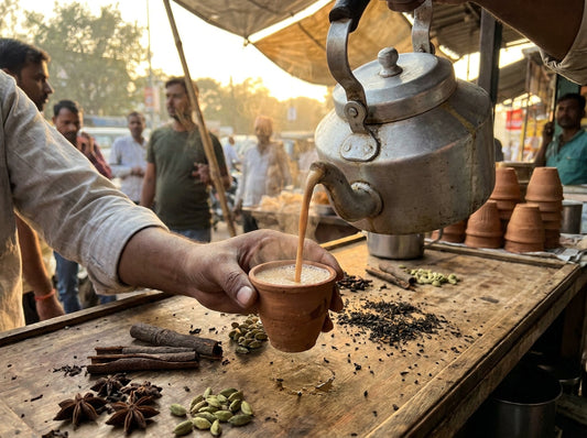 Traditional Indian chai poured from a metal kettle into a clay kulhar cup with whole spices