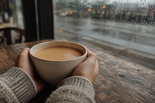 Hands around a ceramic mug of London Fog tea beside a rain-streaked café window
