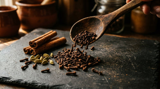Whole dried cloves spilling from a wooden spoon with cinnamon and cardamom nearby