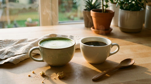 Coffee cup and matcha latte side by side on a wooden kitchen counter in morning light