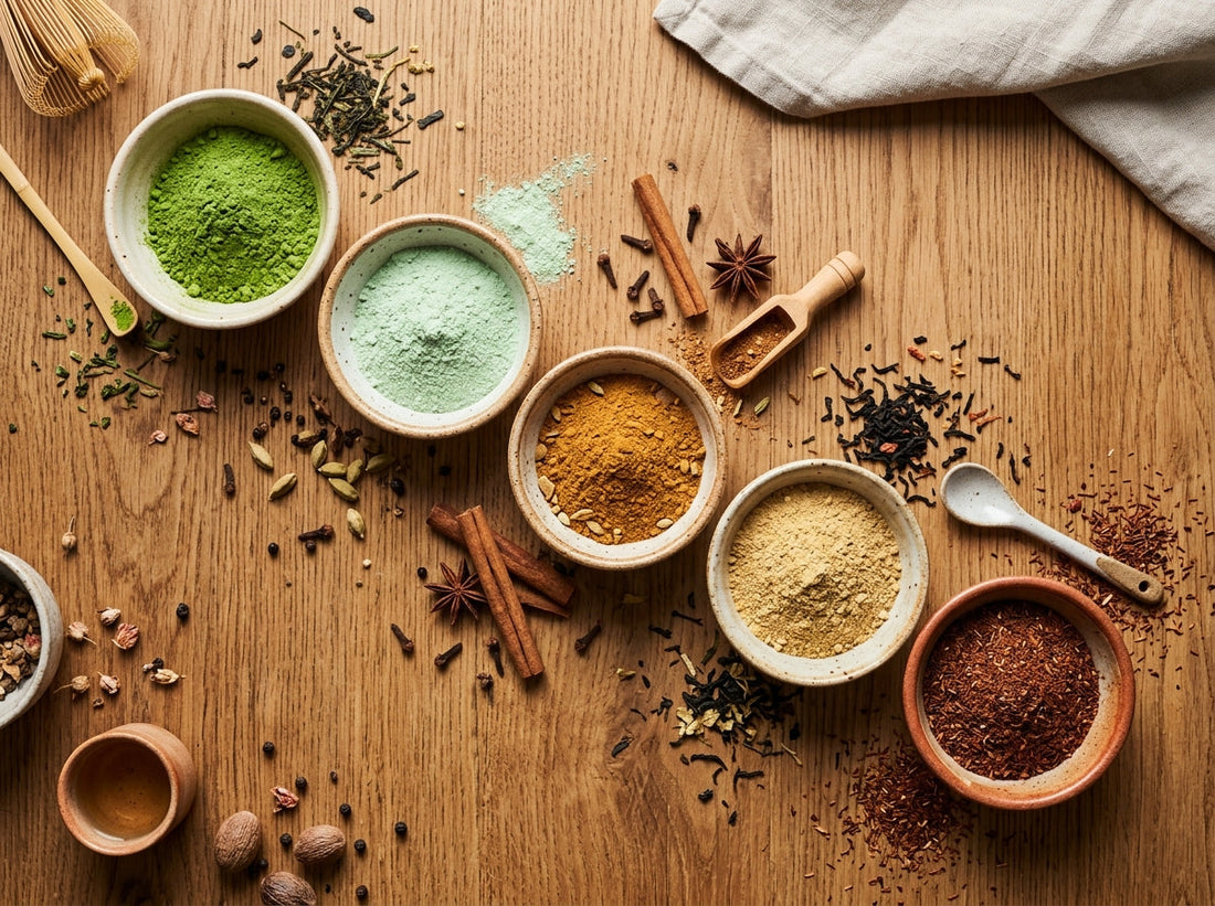Five small bowls of different microground tea powders arranged on a wooden surface in warm natural light