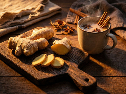 Fresh sliced ginger root beside a mug of spiced chai on a wooden board
