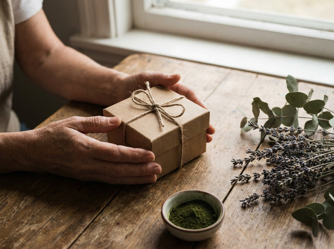 Small wrapped gift box beside a bowl of matcha tea powder and dried botanicals on a wooden table in warm morning light