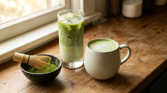 A tall glass of iced vanilla matcha latte beside a hot vanilla matcha latte in a ceramic mug on a wooden kitchen counter