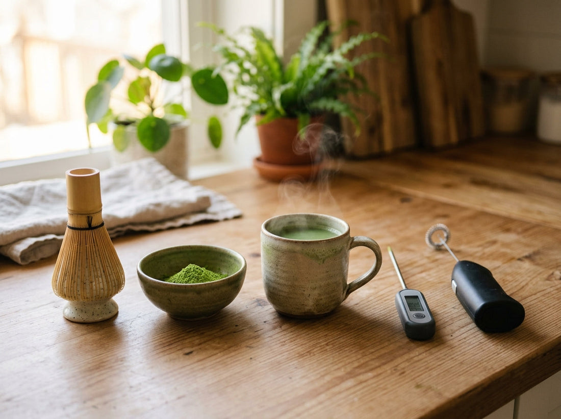 Bamboo whisk, matcha powder bowl, steaming mug, thermometer and milk frother arranged neatly on a wooden kitchen counter