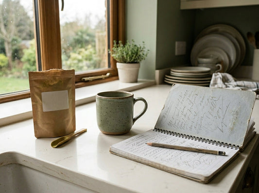 A bag of matcha tea powder beside a ceramic mug and a budget notebook on a kitchen counter in soft daylight