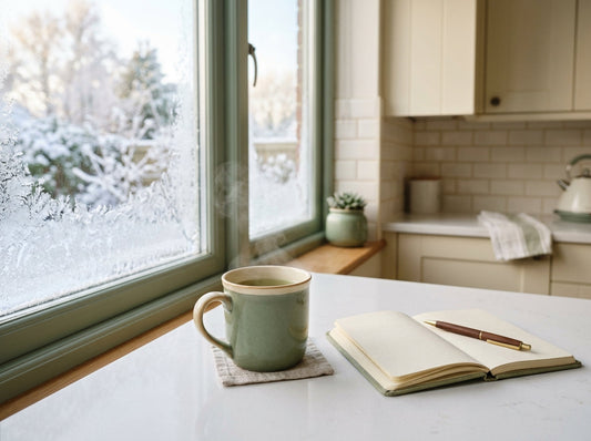 Steaming mug of green tea on a kitchen counter beside a notebook in soft winter morning light