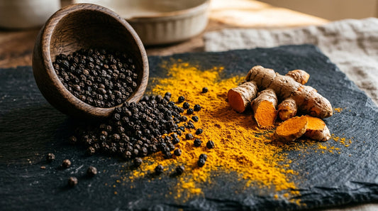 Whole black peppercorns spilling beside turmeric powder and root on dark stone