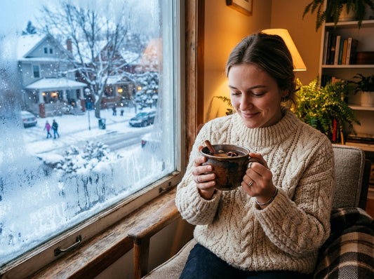 Person in a knit sweater holding a steaming mug of tea beside a frosted window with snow visible outside