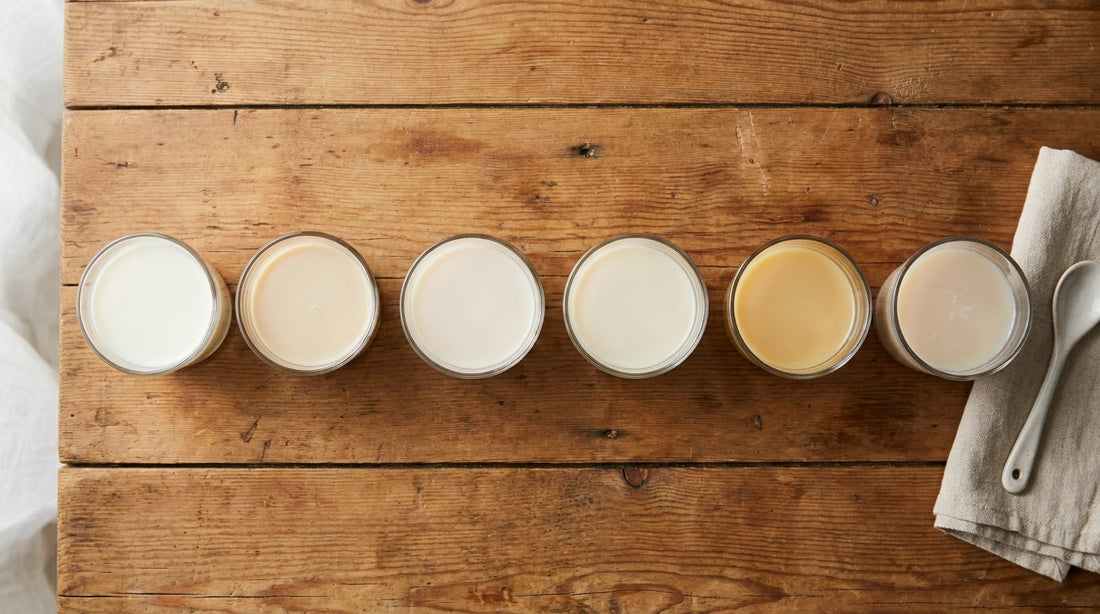 Six small glasses of different milk alternatives arranged in a row on a wooden surface in soft morning light