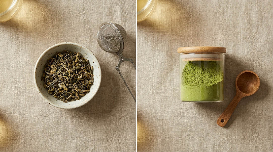 Loose tea leaves with infuser beside fine tea powder on linen surface