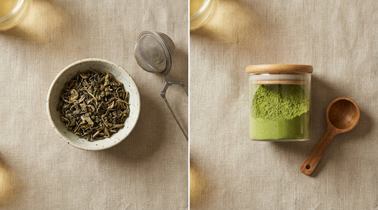 Loose tea leaves with infuser beside fine tea powder on linen surface
