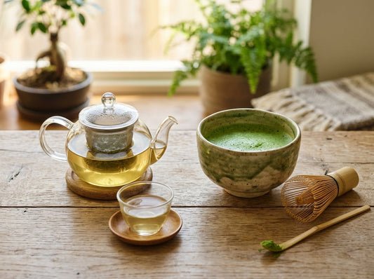 A glass teapot of steeped green tea beside a ceramic bowl of whisked matcha with a bamboo whisk on a wooden surface