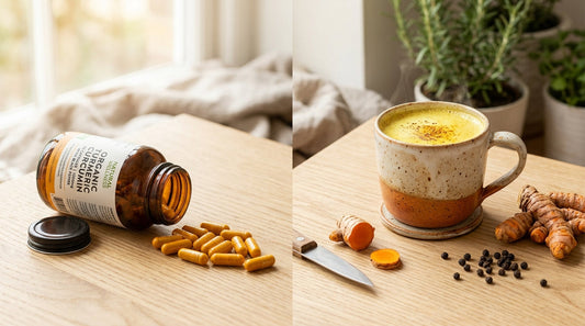 Turmeric supplement capsules beside a cup of turmeric chai and fresh turmeric root