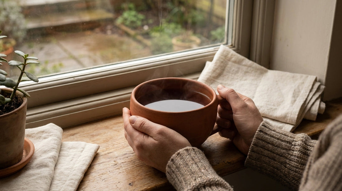 Hands wrapped around a ceramic mug of rooibos tea at a morning window