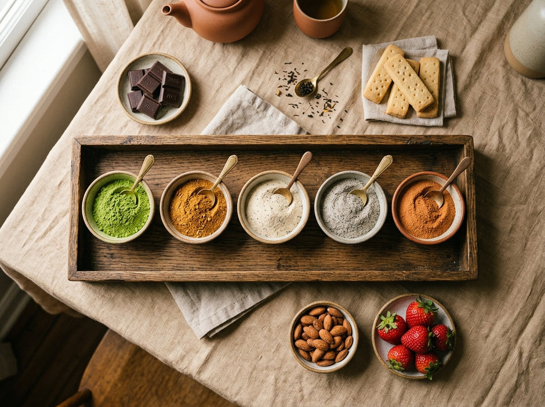 Five ceramic bowls of colourful microground tea powder on a wooden tray surrounded by snack pairings including dark chocolate, shortbread, and fresh fruit