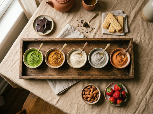 Five ceramic bowls of colourful microground tea powder on a wooden tray surrounded by snack pairings including dark chocolate, shortbread, and fresh fruit