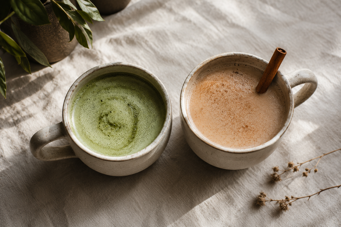 Green matcha latte and spiced chai latte in mugs side by side on linen