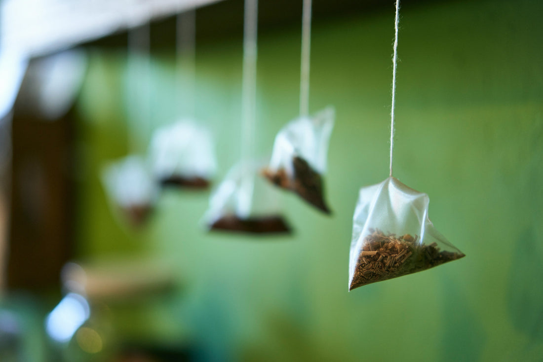 Pyramid shaped tea bag sachets hanging in front of a green wall background